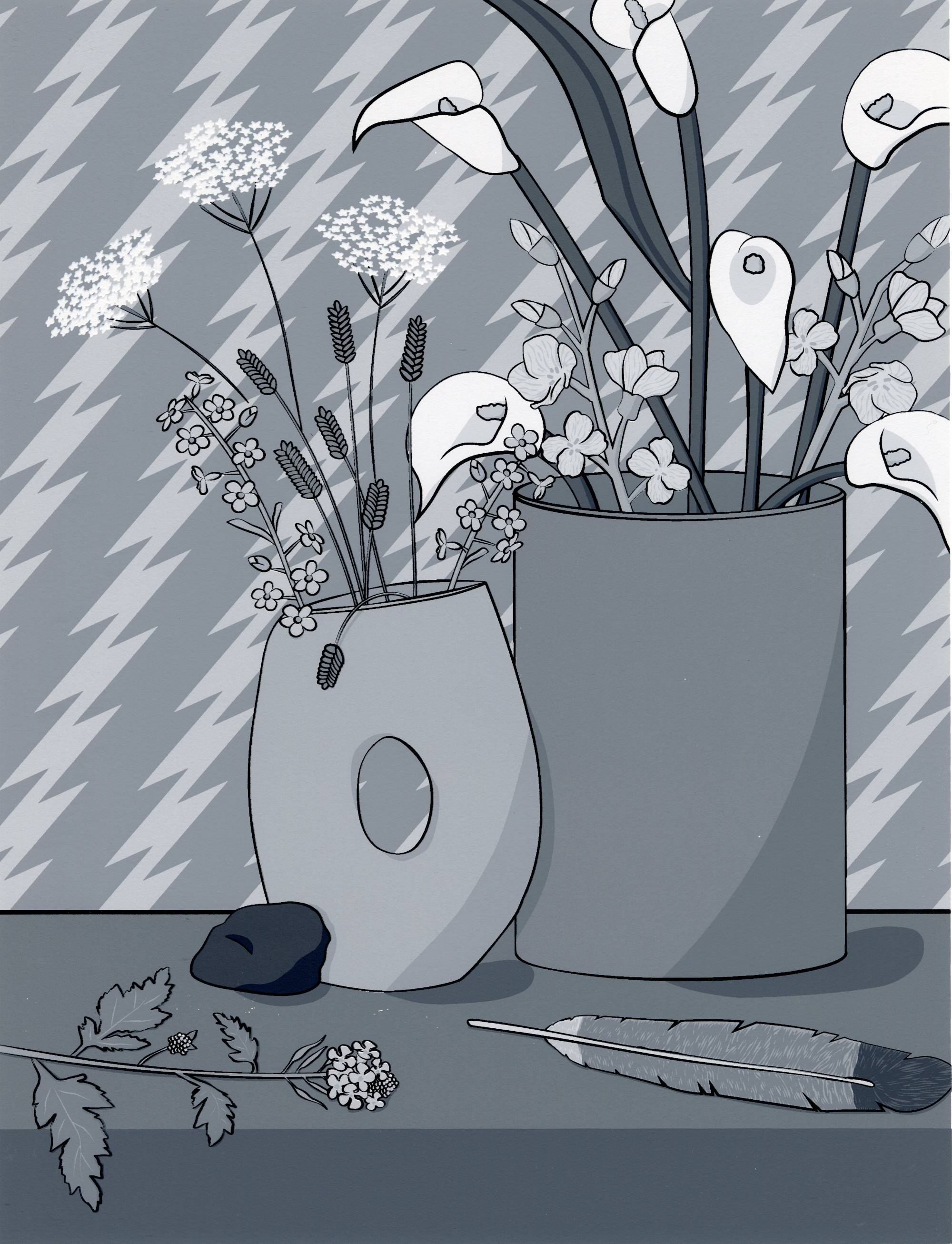 All grey image full of objects relating to the myth of Zeus including a feather, a rock and lightning botl wallpaper.